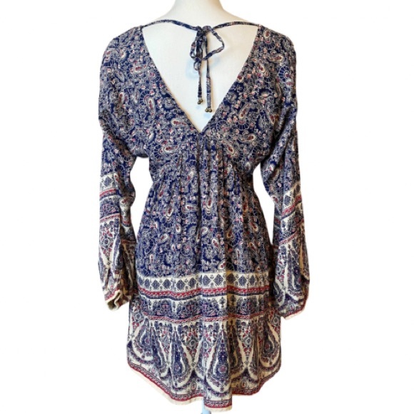 NWT En Créme Boho Peasant Dress | Navy Paisley Design + Beaded V-Neck (S) - Picture 10 of 14